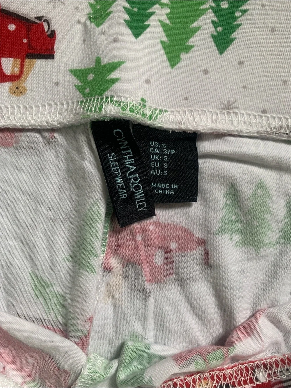 Cynthia Rowley White Pajama Pants with Red Trucks and Green Trees Christmas